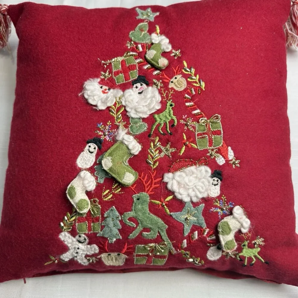 Holiday Wool Blend Embellished Christmas Tree Throw Pillow Zip Cover 16”x16”